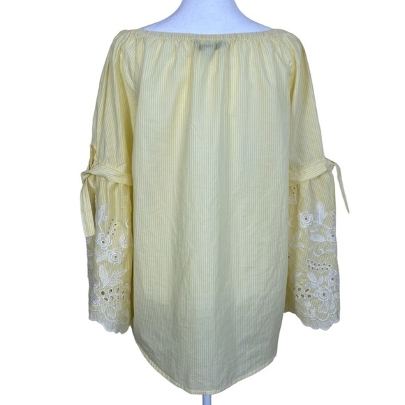 Fever Boho Peasant Blouse with Embroidered Bell Sleeves Yellow White Striped L - Picture 6 of 15